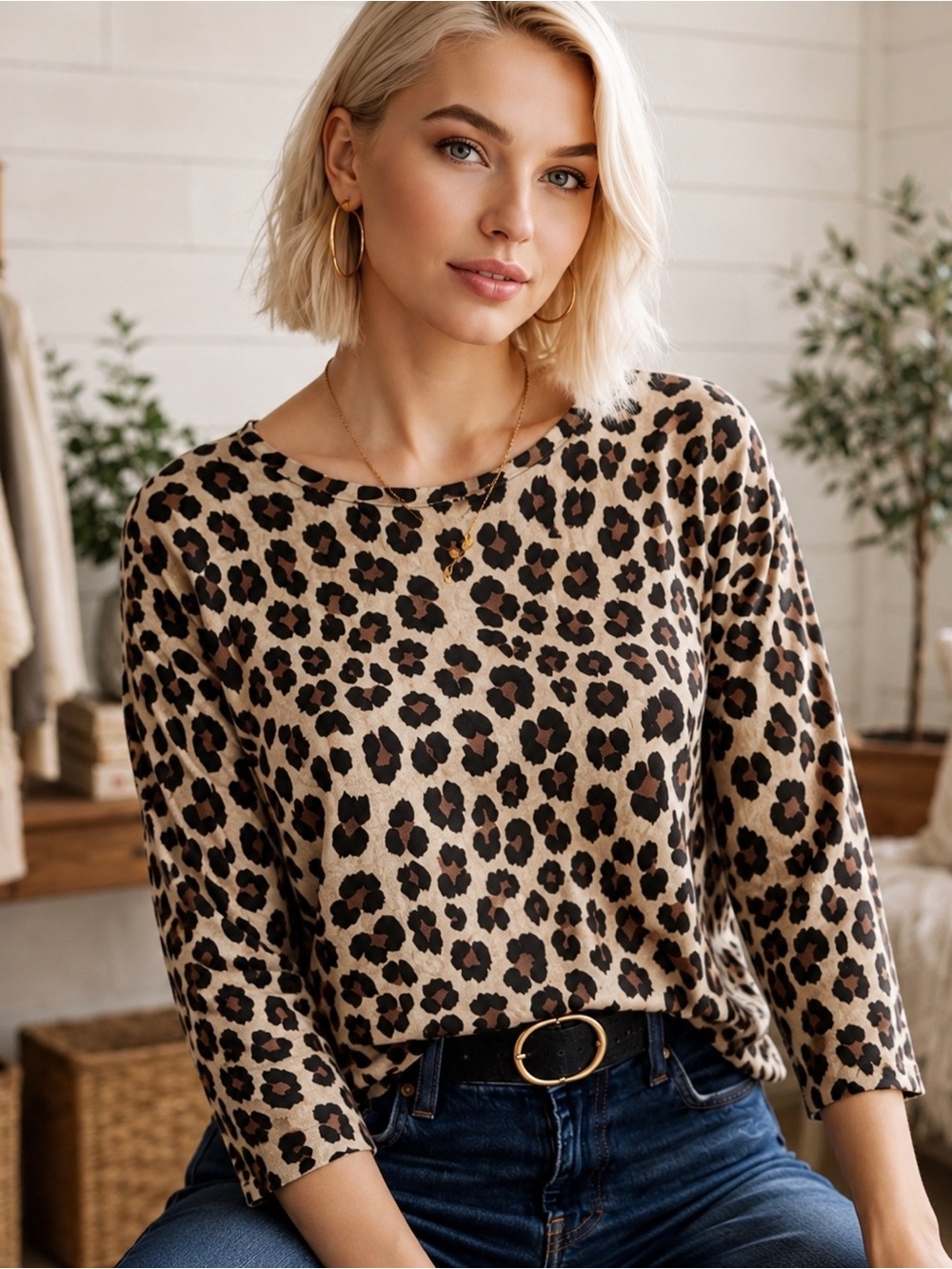 Leopard Print Animal Print Top Size 10 Brown Black Stretch 3/4 Sleeve Casual